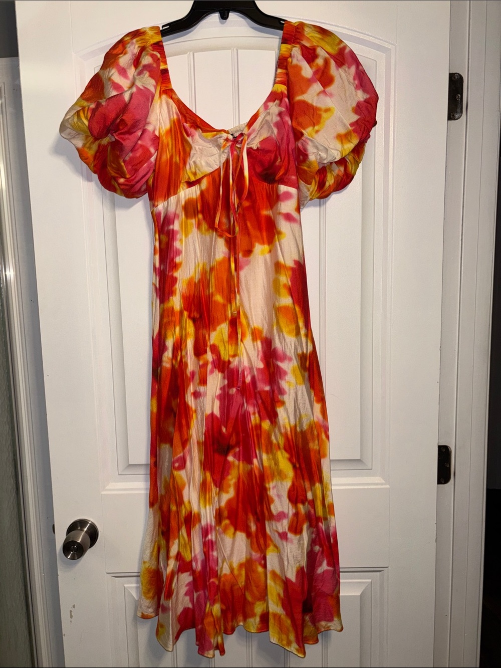 Floral Puff Sleeve Midi Dress in Pink/Orange/Yellow Whimsical Alex Marie